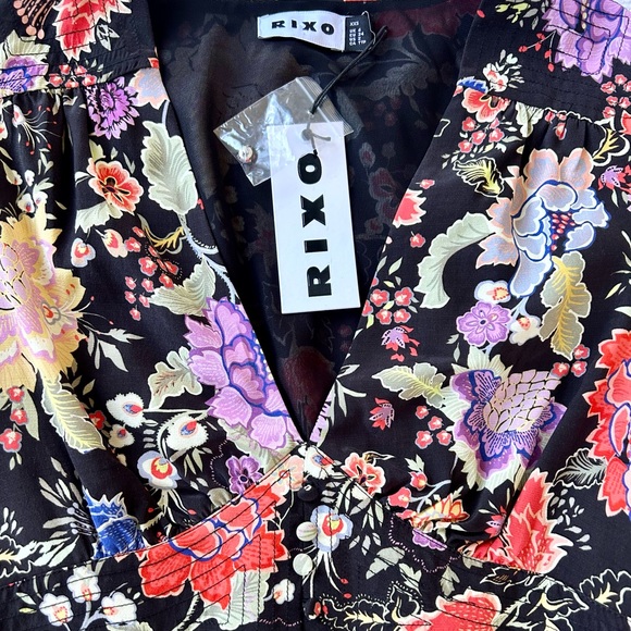 Rixo NWT Black Floral Long Sleeve Mini Dress 2 XXS Buttons Sold out Boho - Picture 8 of 16